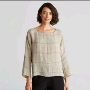 Eileen Fisher Rustic Organic Linen Windowpane Bateau Neck Boxy Top